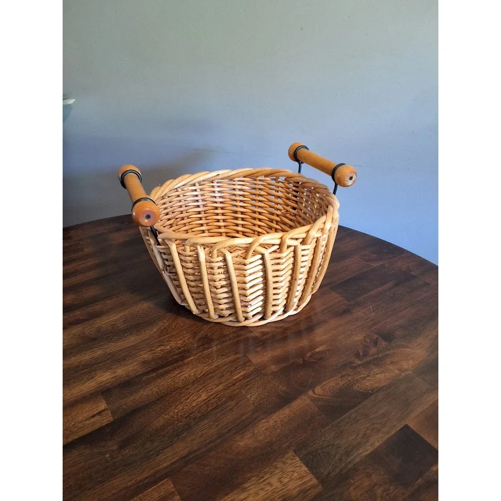 Vintage Round Wicker Basket with Wood Dowel Handles Natural Rattan Storage 10in